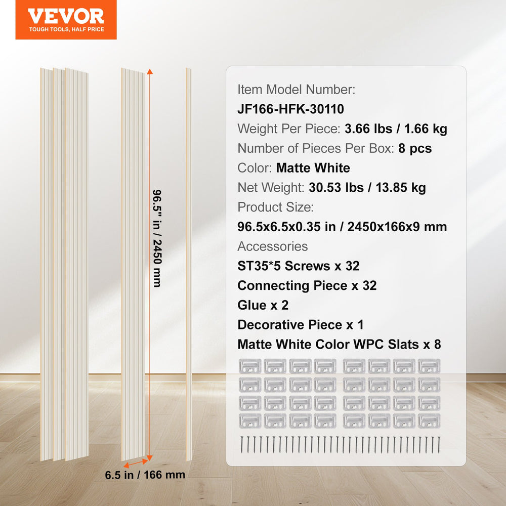 VEVOR Wood Slat Acoustic Panels, 8 PCS 96 x 6 inch, WPC Accent Wooden Wall Panels for Modern Interior Wall, Faux Wood Wall Board Panels for Stylish Decor and Noise Reduction, Matte White