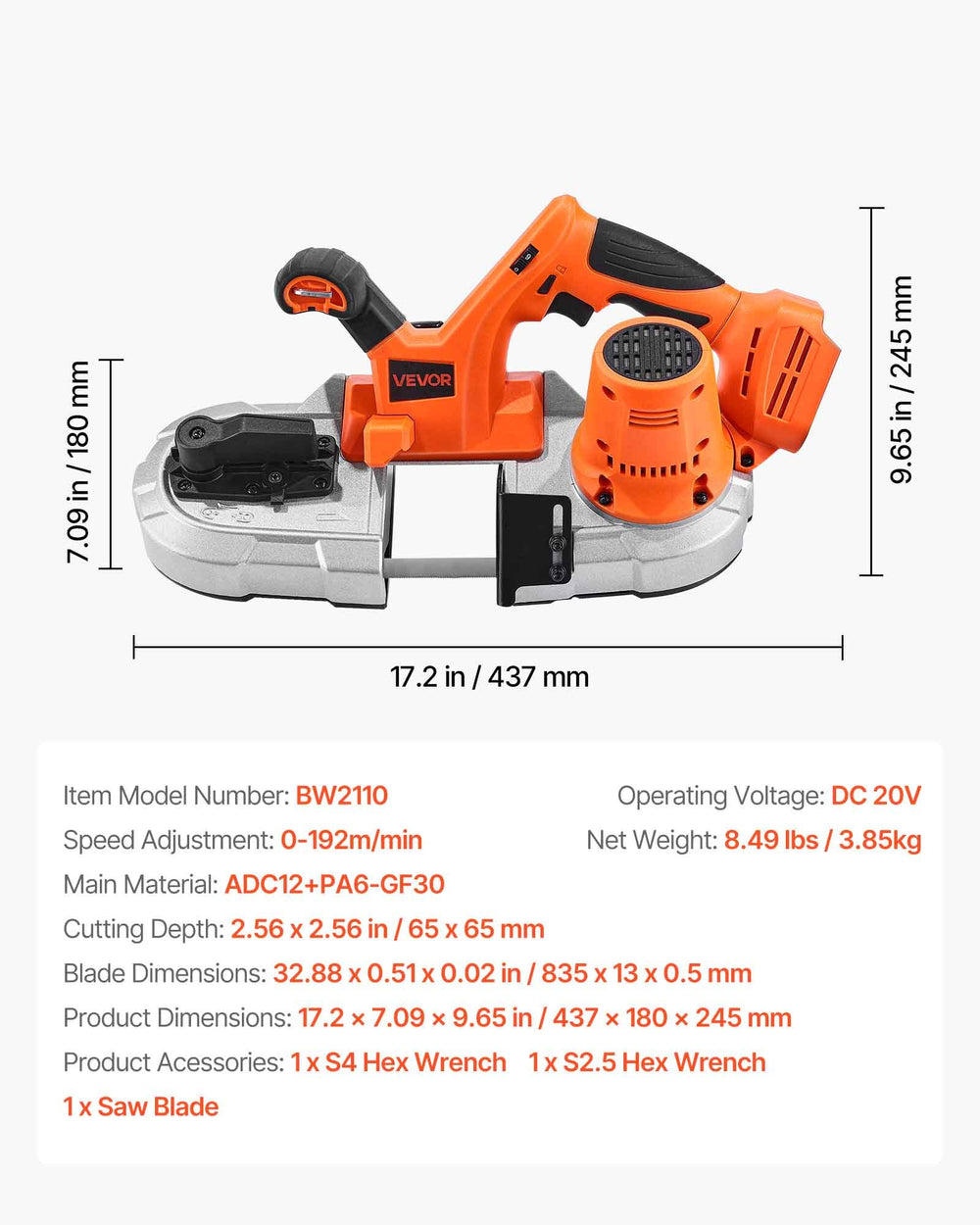 VEVOR Portable Band Saw, 65 x 65 mm Cutting Depth, 360W Bandsaw with Brushless Motor, Cordless and Compact Portaband, Integrated Hang Hooks, 0-192 m/min Variable Speed for Cutting Metal, Wood (Bare Tool)