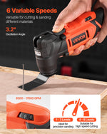 VEVOR Cordless Oscillating Tool, 20V Multitool Oscillating Tool with 6 Variable Speeds 8500 - 17000 OPM, 3.2° Oscillating Angle, 8PCS Saw Accessories & LED Work Light (Battery Pack Not Included)