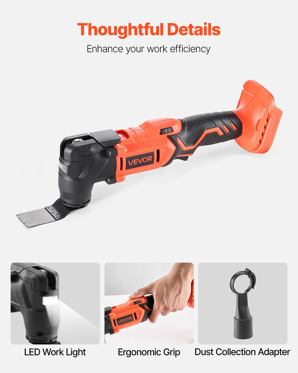 VEVOR Cordless Oscillating Tool, 20V Multitool Oscillating Tool with 6 Variable Speeds 8500 - 17000 OPM, 3.2° Oscillating Angle, 8PCS Saw Accessories & LED Work Light (Battery Pack Not Included)