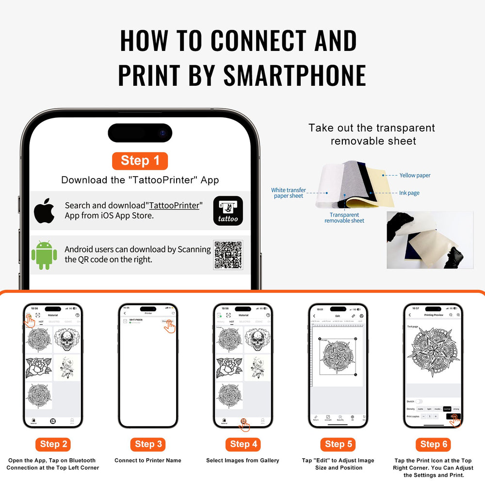 VEVOR Tattoo Transfer Stencil Printer, Wireless Bluetooth Tattoo Stencil Printer Machine with 10Pcs Transfer Paper and Cloth Bag, Portable Tattoo Printer for Android and iOS Phone, iPad and PC