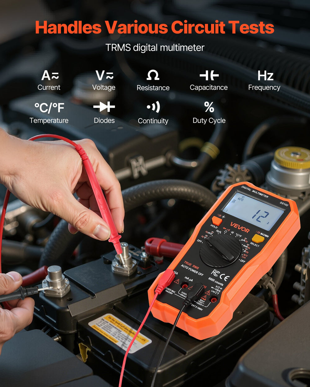 VEVOR Digital Multimeter, 6000-Count TRMS DC/AC Voltmeter Current Tester, Professional NCV Multimeter for Current Voltage Resistance Capacitance Duty-Cycle Tempetature Diodes Continuity Live Wire Test