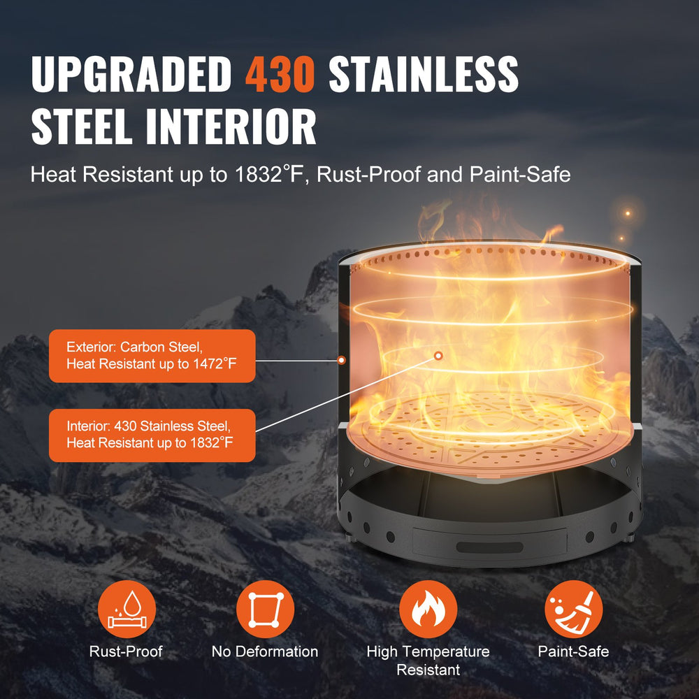 VEVOR Smokeless Fire Pit Stove Bonfire 71.1 cm Dia Wood Burning Stainless Steel