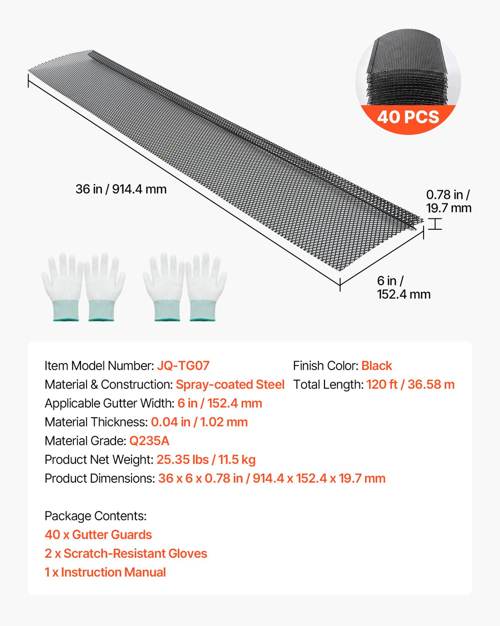 VEVOR Gutter Guard, 152.4 mm Powder-Coated Steel Gutter Screen, Heavy-Duty 36.58 m Length, 1.02 mm Thick, Leaf Guard for Debris and Leaves, Easy DIY, Fits 152.4 mm Standard Systems, 40 Pack, Black