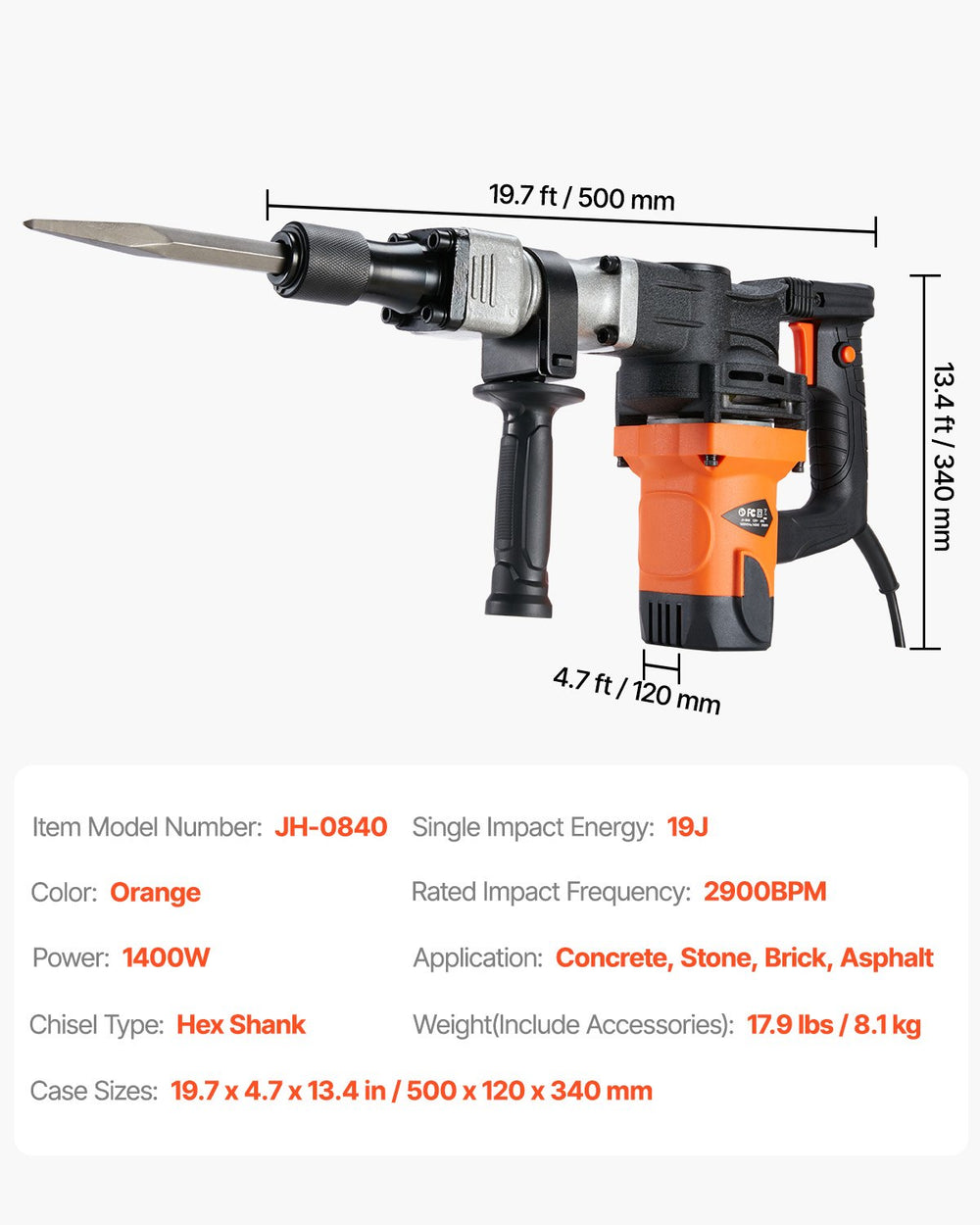 VEVOR Demolition Jack Hammer Concrete Breaker 1400W Electric Hammer 2 Chisel Bit