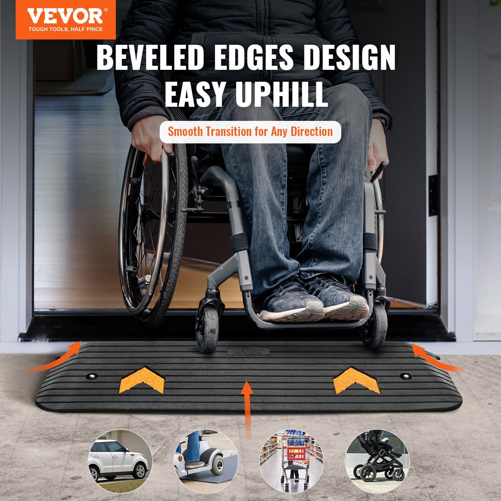 VEVOR Upgraded Rubber Threshold Ramp, 2.5 cm Rise Wheelchair Ramp Doorway, Natural Curb Ramp Rated 15000 kg Load Capacity, Non-Slip Textured Surface Rubber Curb Ramp for Wheelchair and Scooter