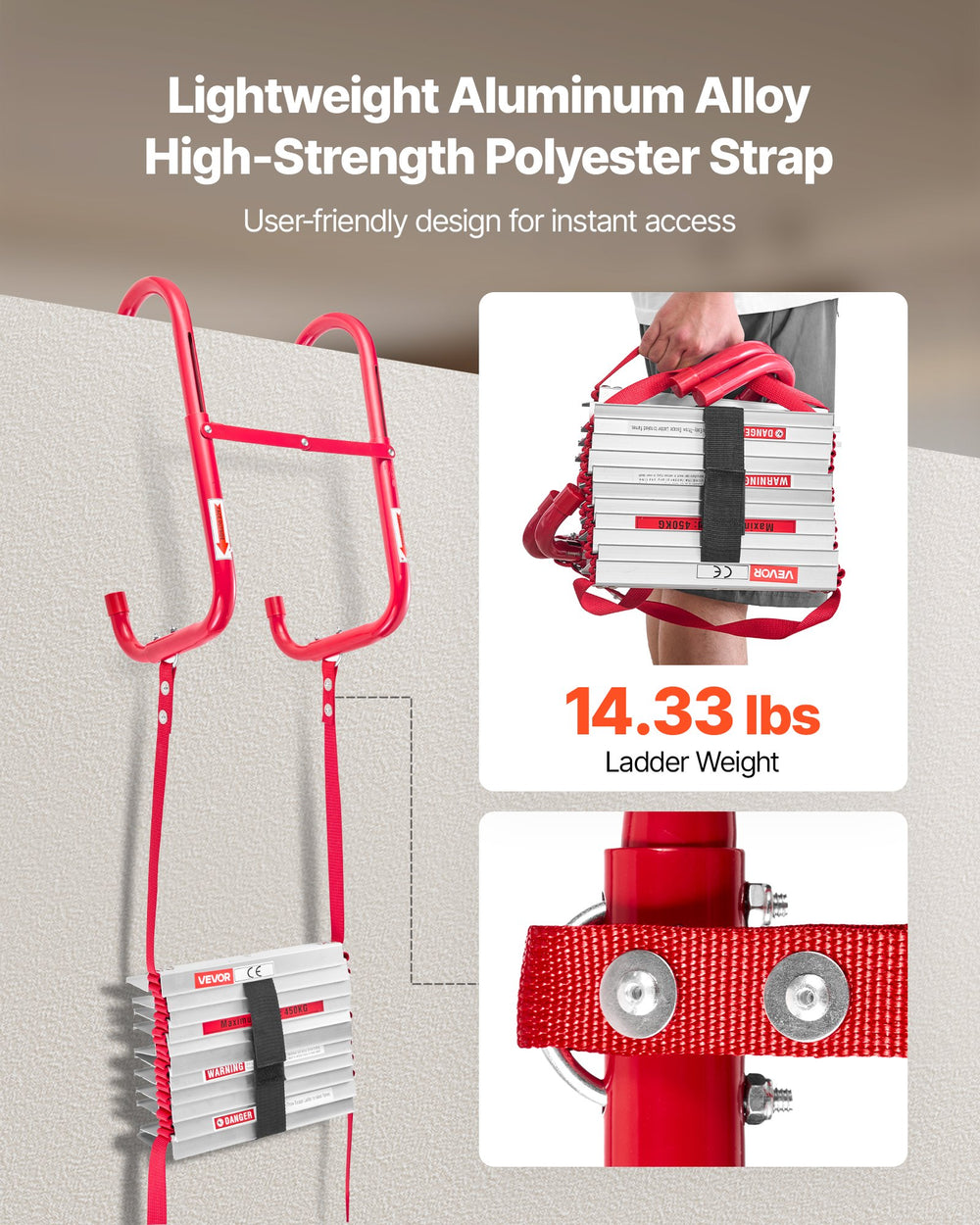 VEVOR Fire Escape Ladder, 3-Story 7.62m Retractable Emergency Fire Ladder, Lightweight Aluminum Alloy Safety Escape Ladders with Sturdy Polyester Strap, Anti-Slip Rung &amp; Wide Steps, 453KG Max Loading