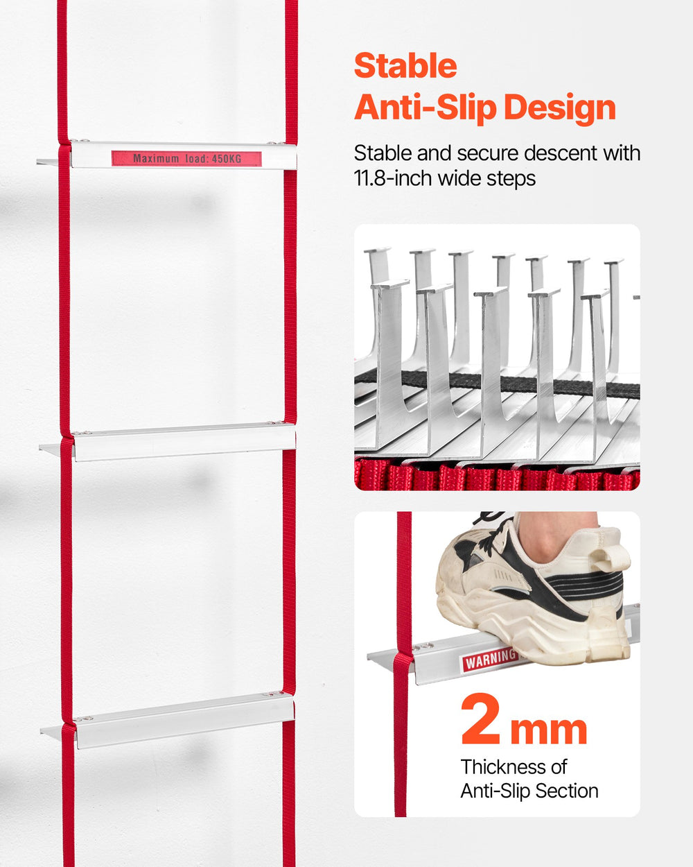 VEVOR Fire Escape Ladder, 3-Story 7.62m Retractable Emergency Fire Ladder, Lightweight Aluminum Alloy Safety Escape Ladders with Sturdy Polyester Strap, Anti-Slip Rung &amp; Wide Steps, 453KG Max Loading
