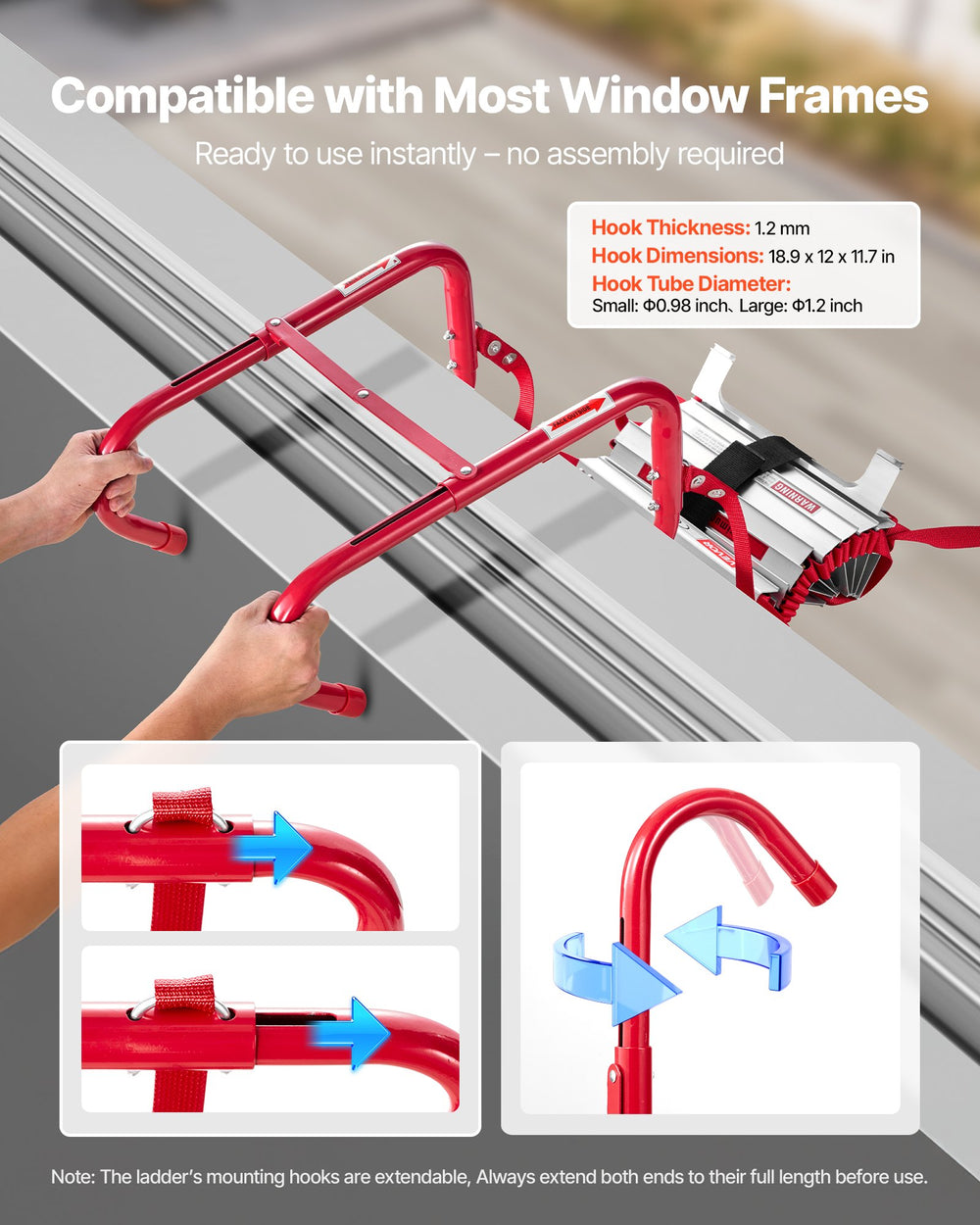 VEVOR Fire Escape Ladder, 5-6 Story 15.24m Retractable Emergency Fire Ladder, Lightweight Aluminum Alloy Safety Escape Ladders with Sturdy Polyester Strap, Anti-Slip & Wide Rungs, 453KG Max Loading