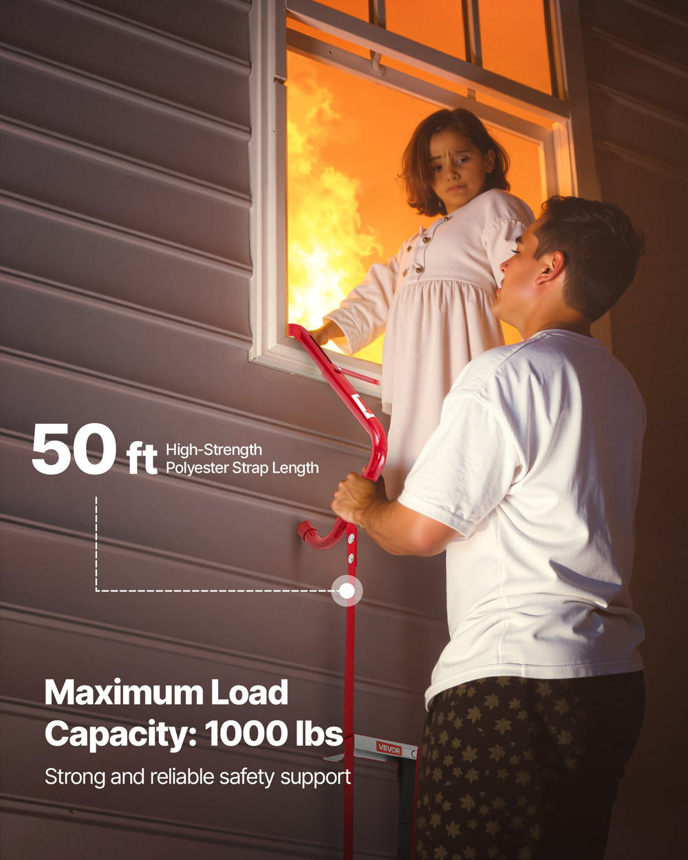 VEVOR Fire Escape Ladder, 5-6 Story 15.24m Retractable Emergency Fire Ladder, Lightweight Aluminum Alloy Safety Escape Ladders with Sturdy Polyester Strap, Anti-Slip & Wide Rungs, 453KG Max Loading
