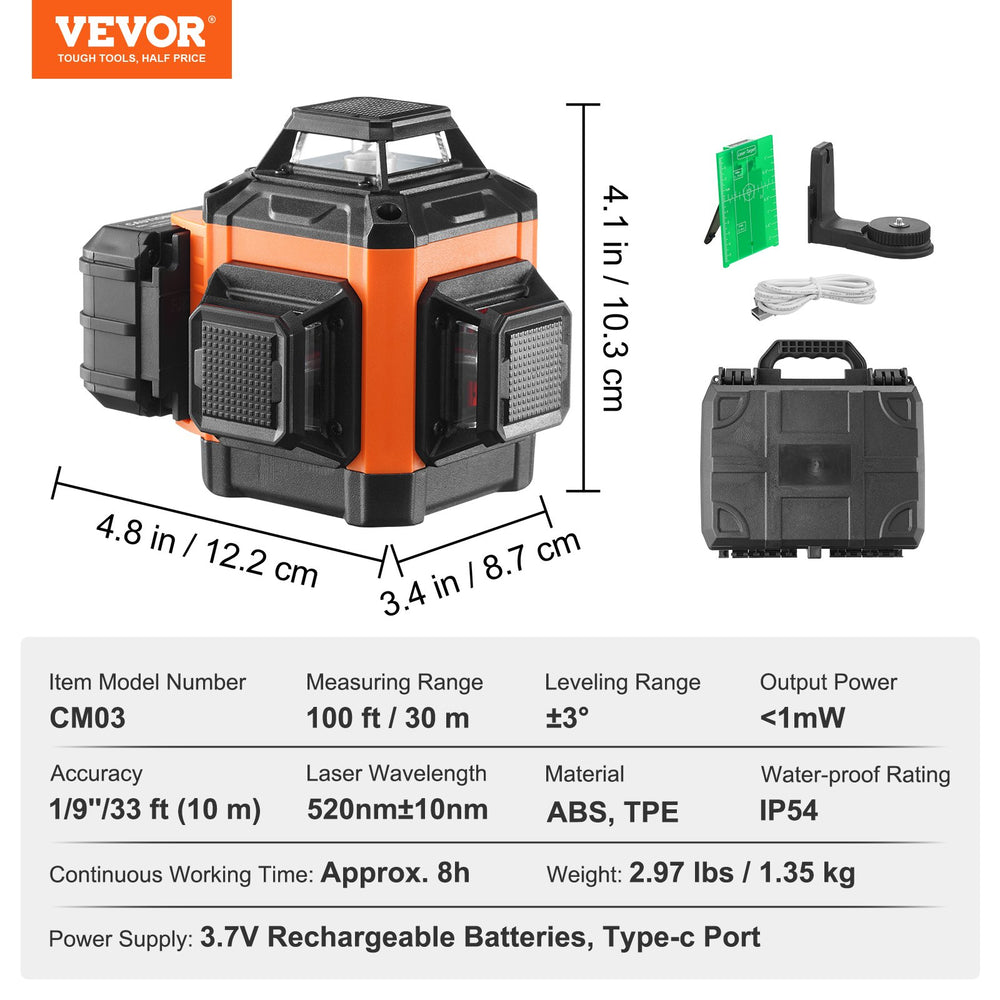 VEVOR Laser Level 3048 cm Green Cross Line Self Leveling High Accuracy Measuring