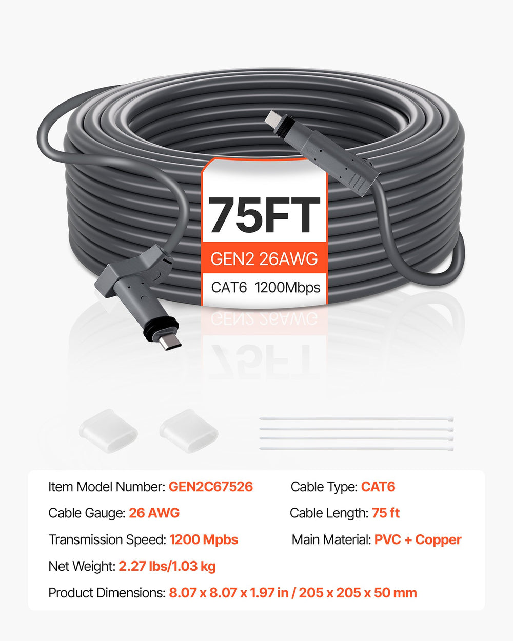 VEVOR Starlink Gen 2 Cable 75 FT / 22.86 m Extension Cable Standard Generation 2 1200 Mps 26 AWG / 0.15 mm²