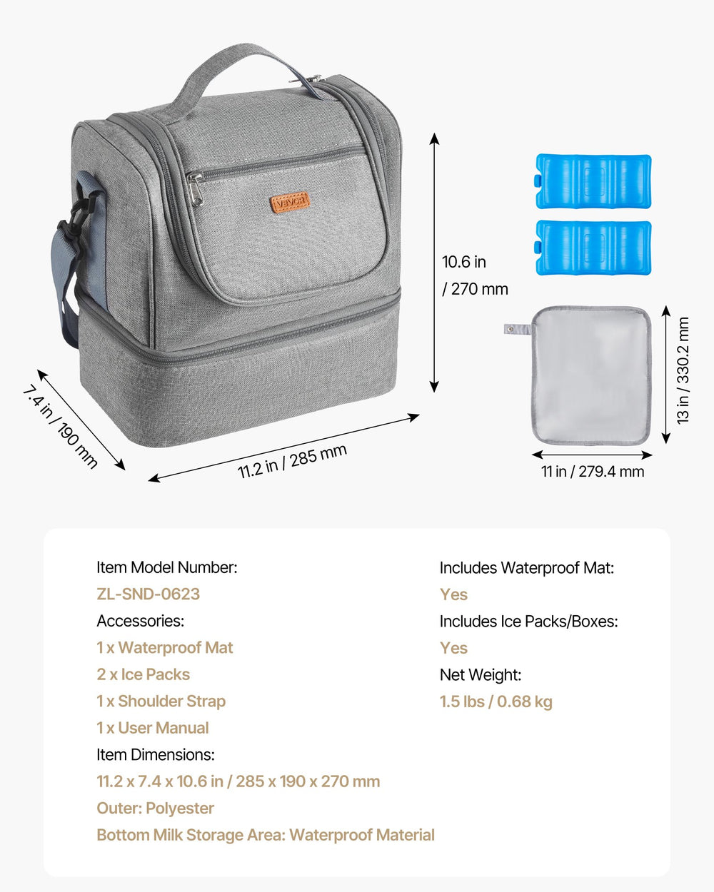 VEVOR Breast Pump Bag, Breast Feeding Bag with Ice Pack, Fits for S1/S2, Pumping Accessories & Breastmilk Storage, Portable Pump Carrying Case for Work, Travel and Family Use, Grey