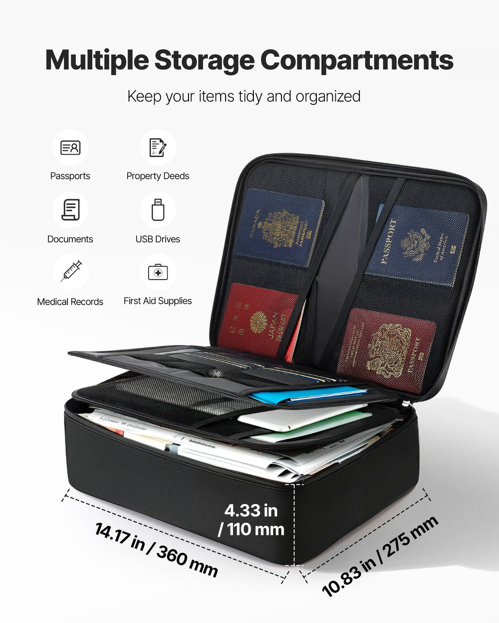 VEVOR Fireproof Document Box, 1000 ℃ Heat Insulated Fireproof & Waterproof Box with Lock, Portable Multi-Layer Home Office Travel File Storage Organizer, for Passports, Important Documents, Files