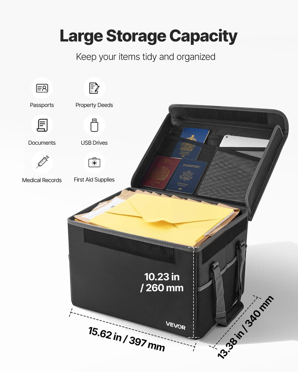 VEVOR Fireproof Document Box, 1000 ℃ Heat Insulated Fireproof & Waterproof Box, Space-Saving and Foldable Design, Portable Home Office Travel File Organizer, for Passports, Important Documents, Files