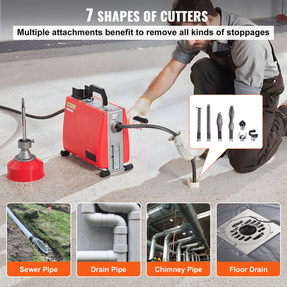 VEVOR Drain Cleaner Machine 20m x 16mm 250W Sewer Snake Auger Manual Feed