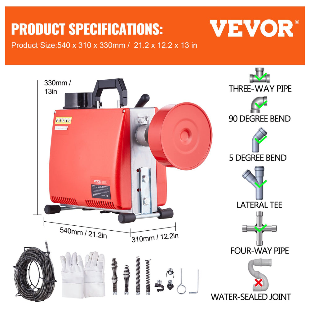VEVOR Drain Cleaner Machine 20m x 16mm 250W Sewer Snake Auger Manual Feed