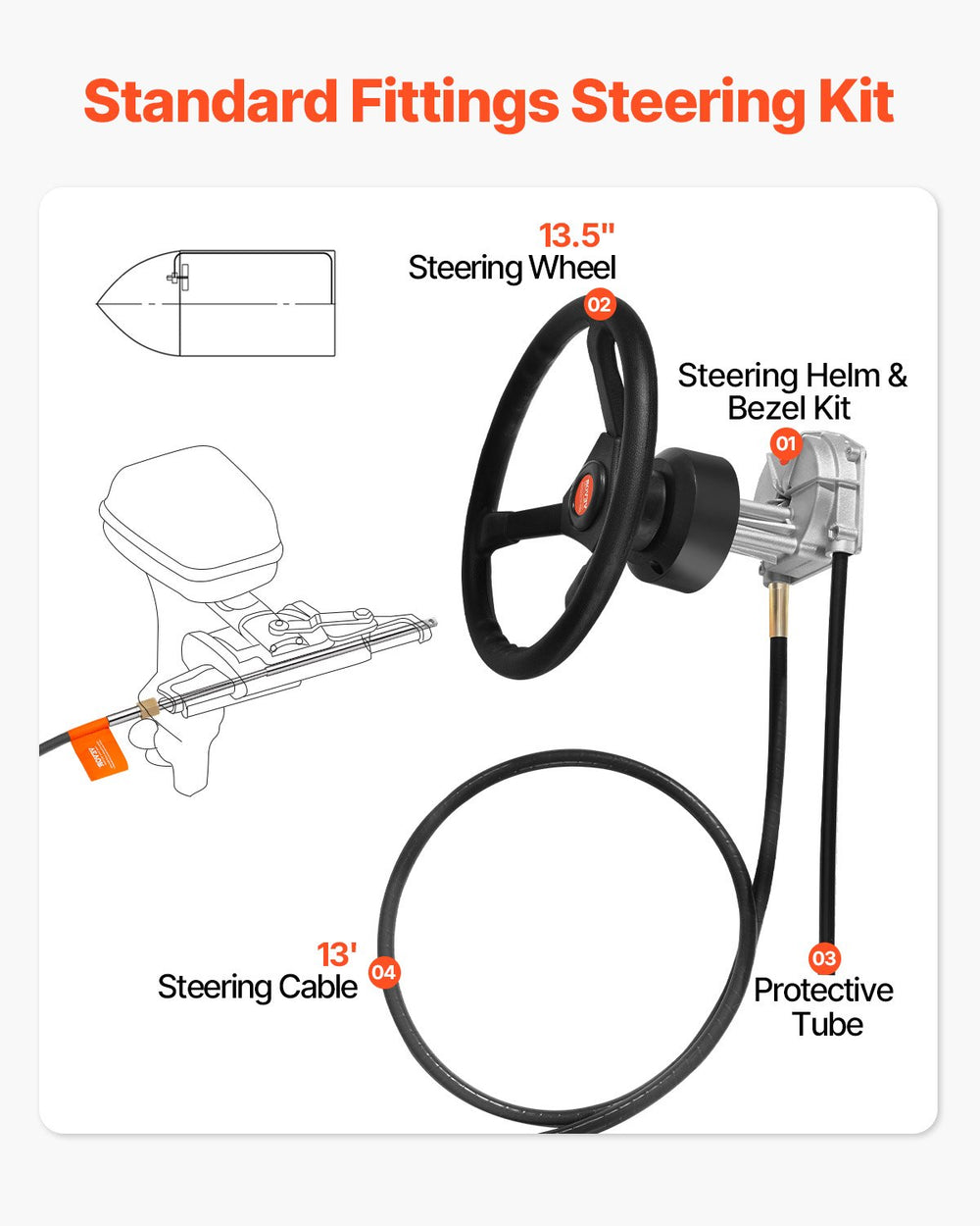 VEVOR Outboard Steering System 13\' Outboard Rotary Steering System 13 Feet Boat Steering Cable with 13\" Wheel Durable Marine Steering System