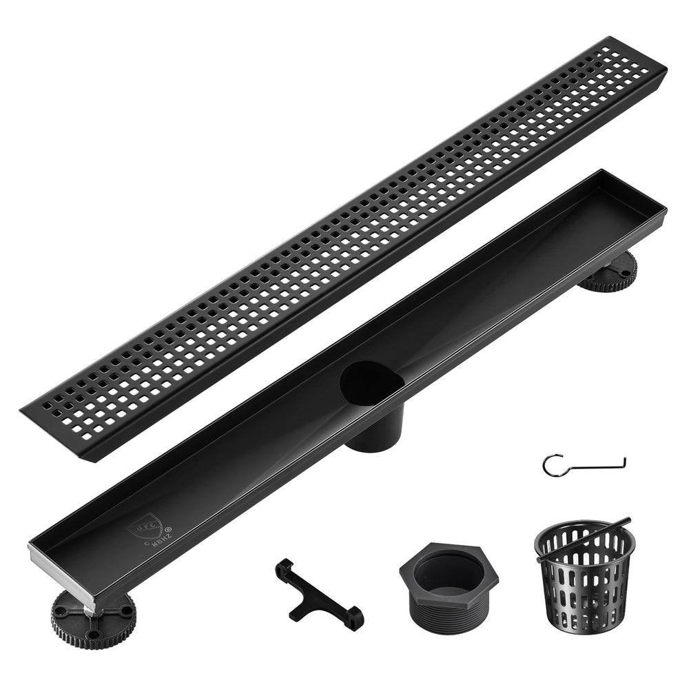 VEVOR 610mm Linear Shower Drain with Square Pattern Grate,Brushed 304 Stainless Steel Rectangle Shower Floor Drain, Sleek Linear Drain with Hair Strainer, Matte Black