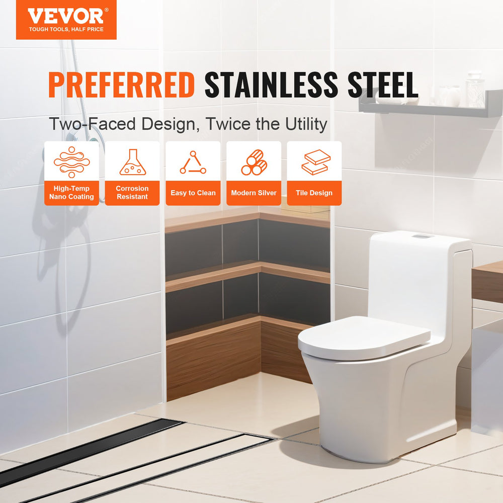 VEVOR 610mm Linear Shower Drain Offset with Tile Insert Cover,Brushed 304 Stainless Steel Rectangle Shower Floor Drain, Sleek Linear Drain with Hair Strainer, Black