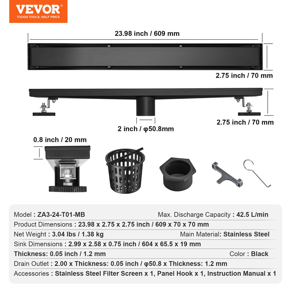 VEVOR 610mm Linear Shower Drain Offset with Tile Insert Cover,Brushed 304 Stainless Steel Rectangle Shower Floor Drain, Sleek Linear Drain with Hair Strainer, Black
