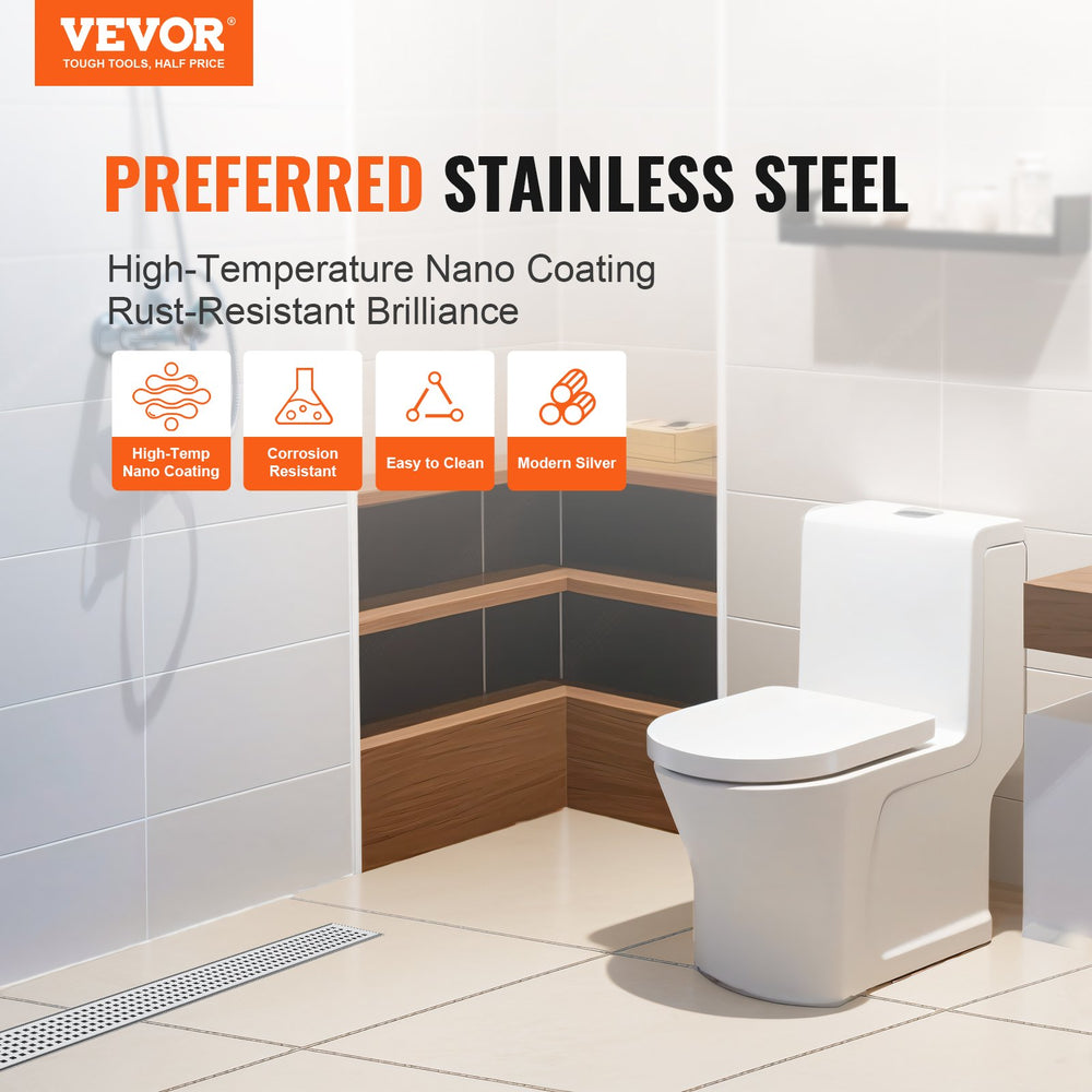 VEVOR 610mm Linear Shower Drain with Square Pattern Grate,Brushed 304 Stainless Steel Rectangle Shower Floor Drain,Linear Drain with Leveling Feet,Hair Strainer Silver