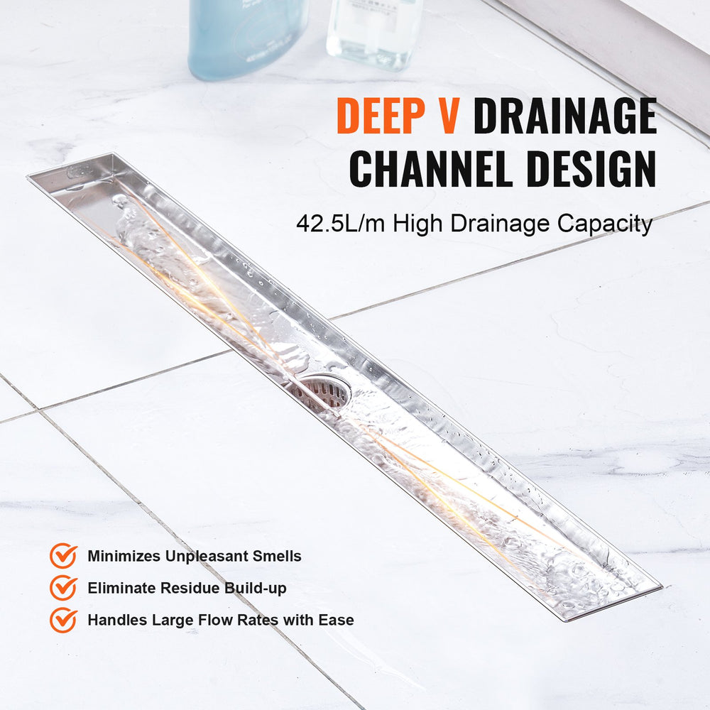 VEVOR 610mm Linear Shower Drain with Square Pattern Grate,Brushed 304 Stainless Steel Rectangle Shower Floor Drain,Linear Drain with Leveling Feet,Hair Strainer Silver