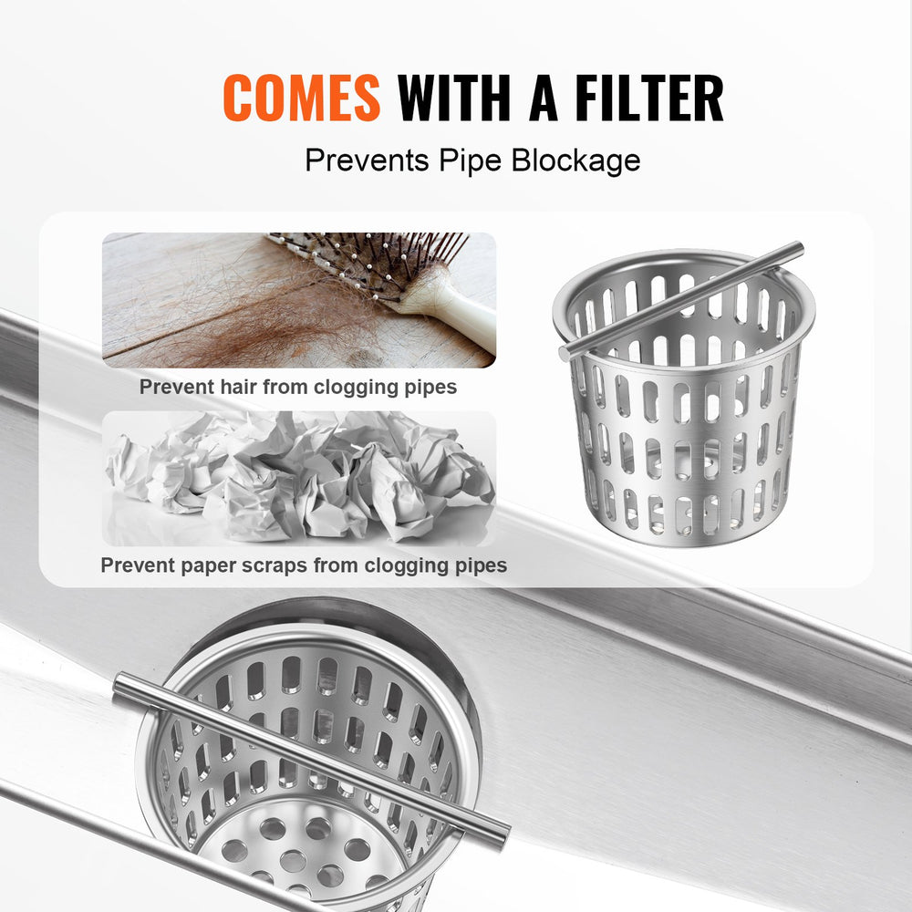 VEVOR 610mm Linear Shower Drain with Square Pattern Grate,Brushed 304 Stainless Steel Rectangle Shower Floor Drain,Linear Drain with Leveling Feet,Hair Strainer Silver