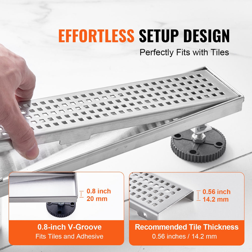 VEVOR 610mm Linear Shower Drain with Square Pattern Grate,Brushed 304 Stainless Steel Rectangle Shower Floor Drain,Linear Drain with Leveling Feet,Hair Strainer Silver