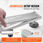 VEVOR 610mm Linear Shower Drain with Square Pattern Grate,Brushed 304 Stainless Steel Rectangle Shower Floor Drain,Linear Drain with Leveling Feet,Hair Strainer Silver
