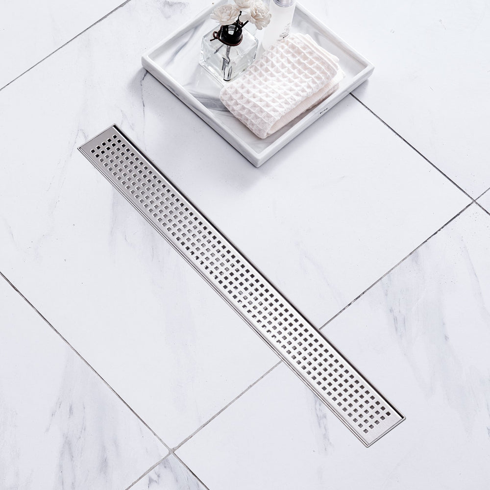 VEVOR 610mm Linear Shower Drain with Square Pattern Grate,Brushed 304 Stainless Steel Rectangle Shower Floor Drain,Linear Drain with Leveling Feet,Hair Strainer Silver