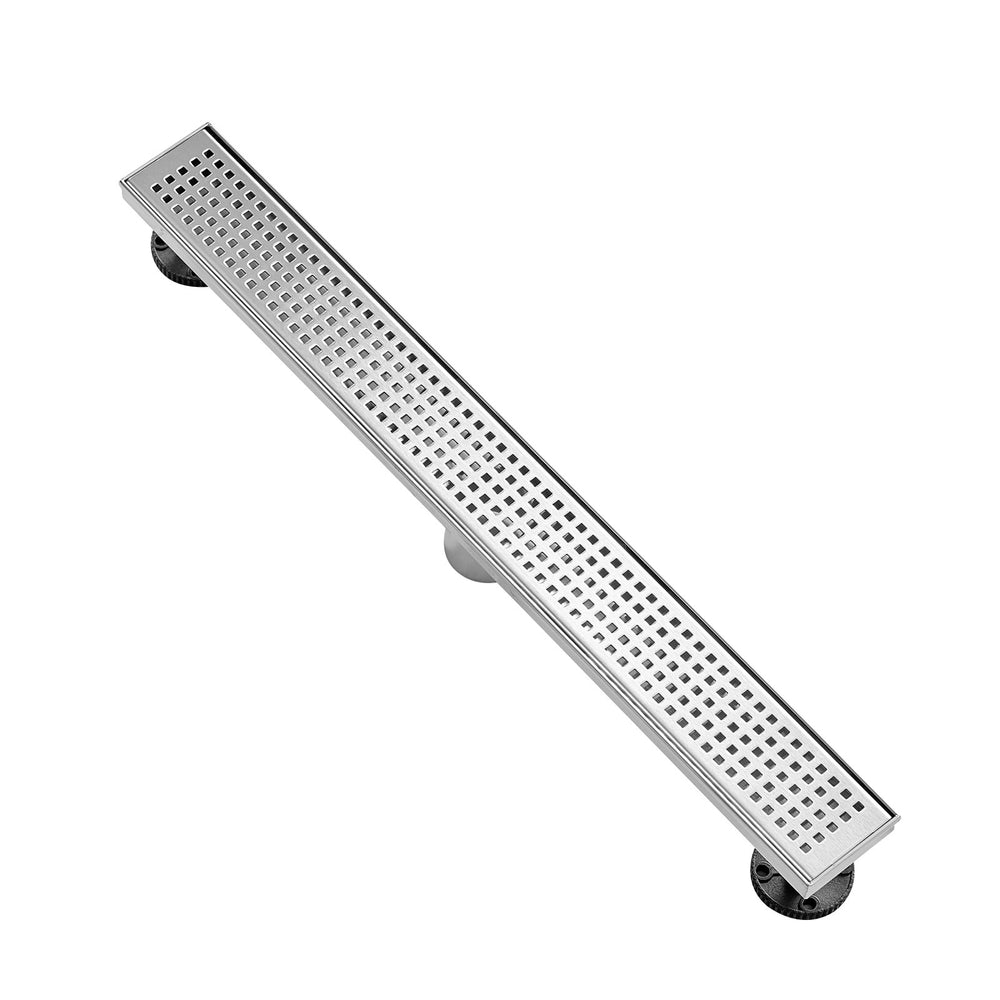 VEVOR 610mm Linear Shower Drain with Square Pattern Grate,Brushed 304 Stainless Steel Rectangle Shower Floor Drain,Linear Drain with Leveling Feet,Hair Strainer Silver