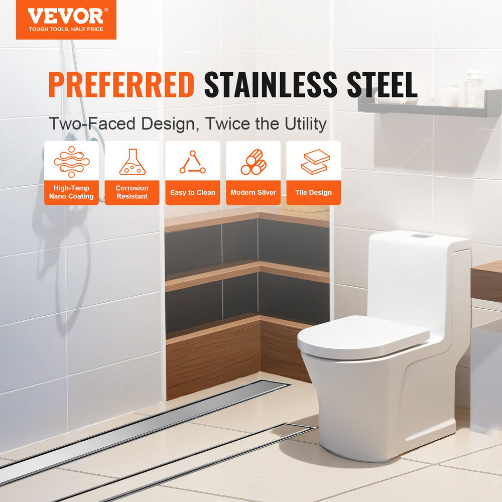 VEVOR 914mm Linear Shower Drain Offset with Tile Insert Cover,Brushed 304 Stainless Steel Rectangle Shower Floor Drain,Linear Drain with Leveling Feet,Hair Strainer Silver