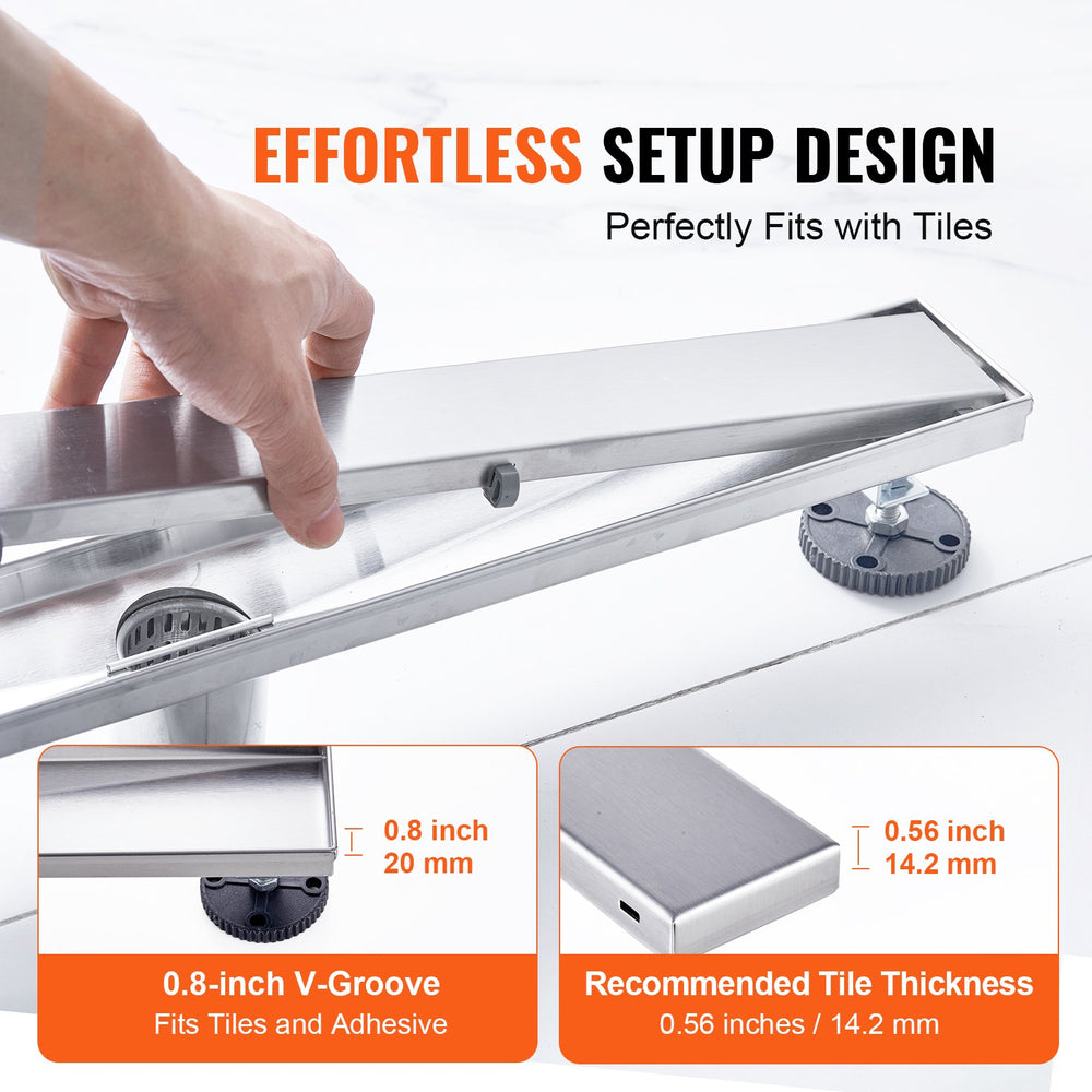 VEVOR 914mm Linear Shower Drain Offset with Tile Insert Cover,Brushed 304 Stainless Steel Rectangle Shower Floor Drain,Linear Drain with Leveling Feet,Hair Strainer Silver