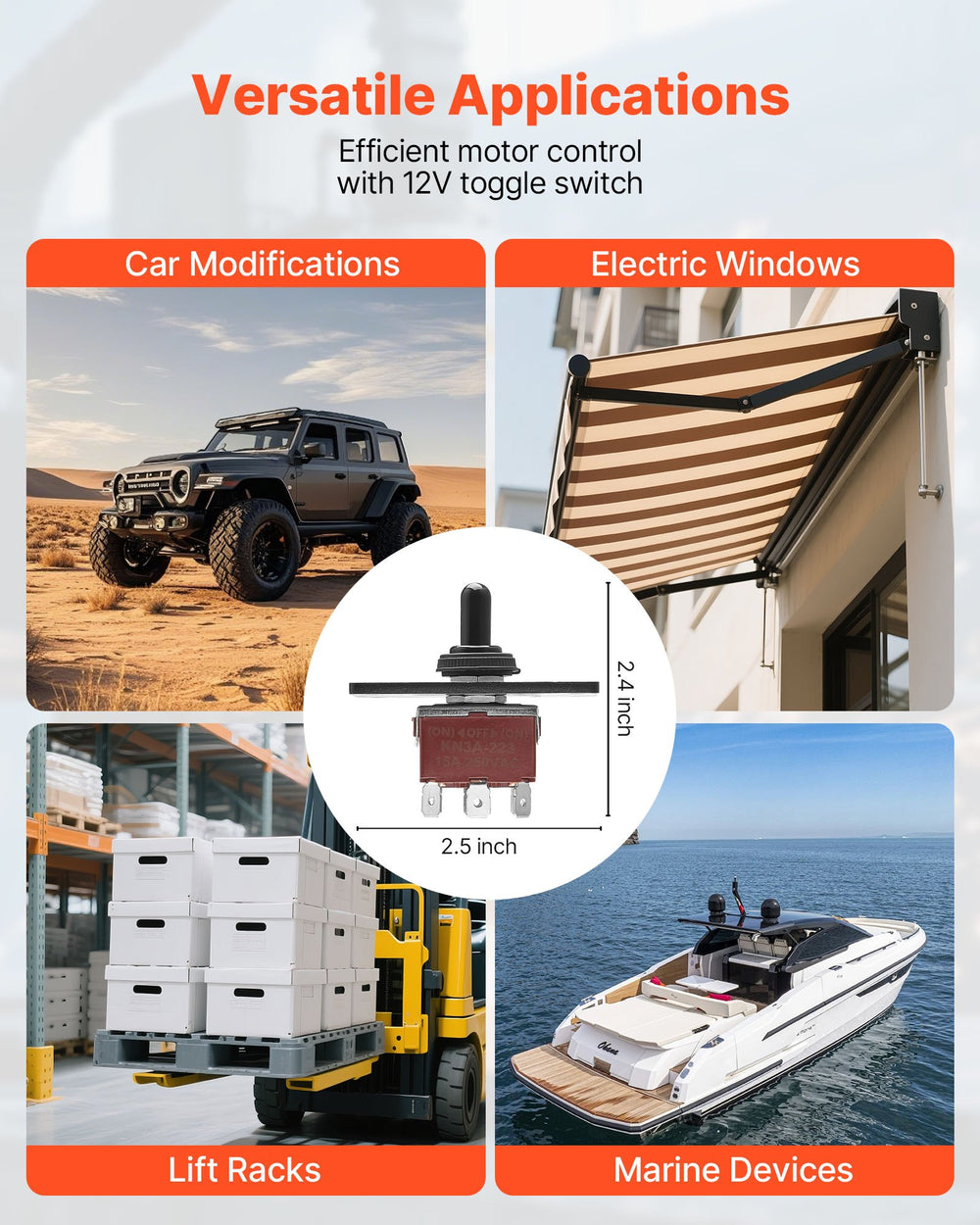 VEVOR Toggle Switch, 6 Pin Momentary Polarity Reversing Toggle Switch (ON)-Off-(ON) DC 12V/30A AC 250V/15A - with Up Down Mounting Panel & Waterproof Boot Cap for Auto Car Marine Boat