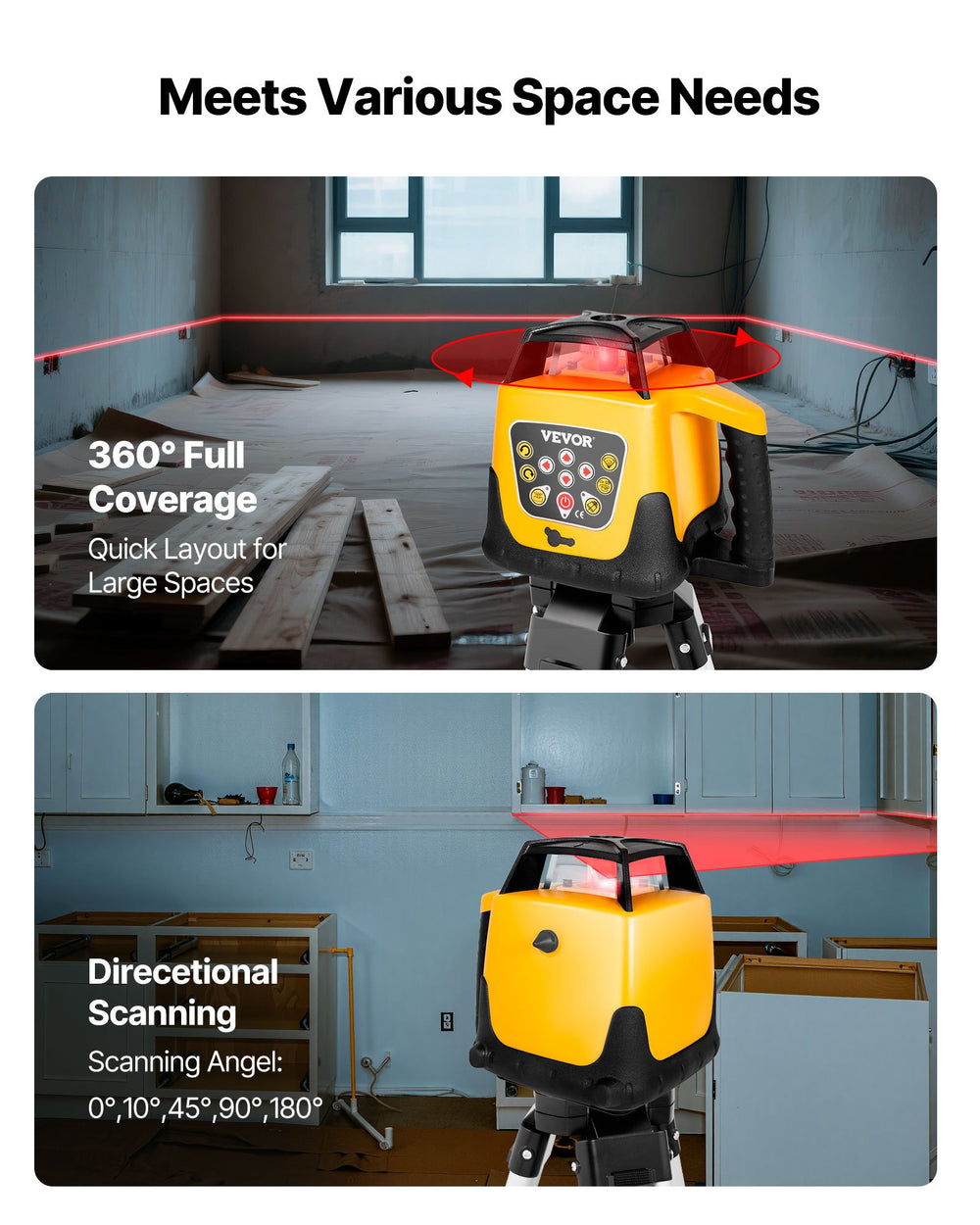 VEVOR Rotary Laser Level Kit, Red Beam 300m Range Slope Adjustable 360-Degree Spinning Self Leveling, Flexible Scanning Angle & IP54 Waterproof, Accurate with Remote Control Receiver Carrying Case