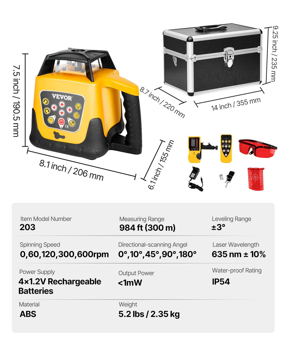 VEVOR Rotary Laser Level Kit, Red Beam 300m Range Slope Adjustable 360-Degree Spinning Self Leveling, Flexible Scanning Angle & IP54 Waterproof, Accurate with Remote Control Receiver Carrying Case