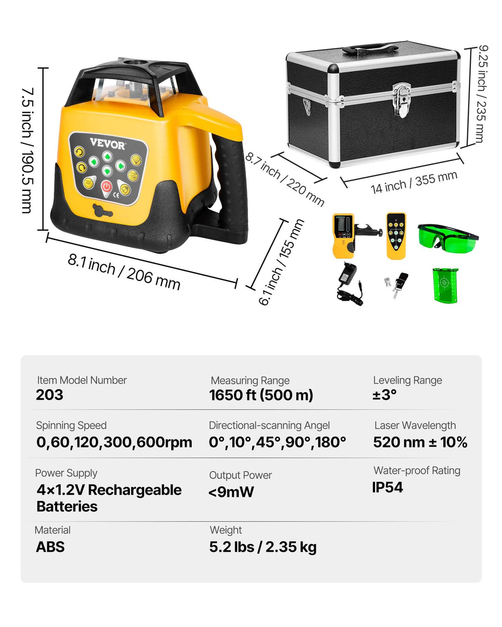 VEVOR Rotary Laser Level Kit, Green Beam 500m Range Slope Adjustable 360-Degree Spinning Self Leveling, Flexible Scanning Angle & IP54 Waterproof, Accurate with Remote Control Receiver Carrying Case