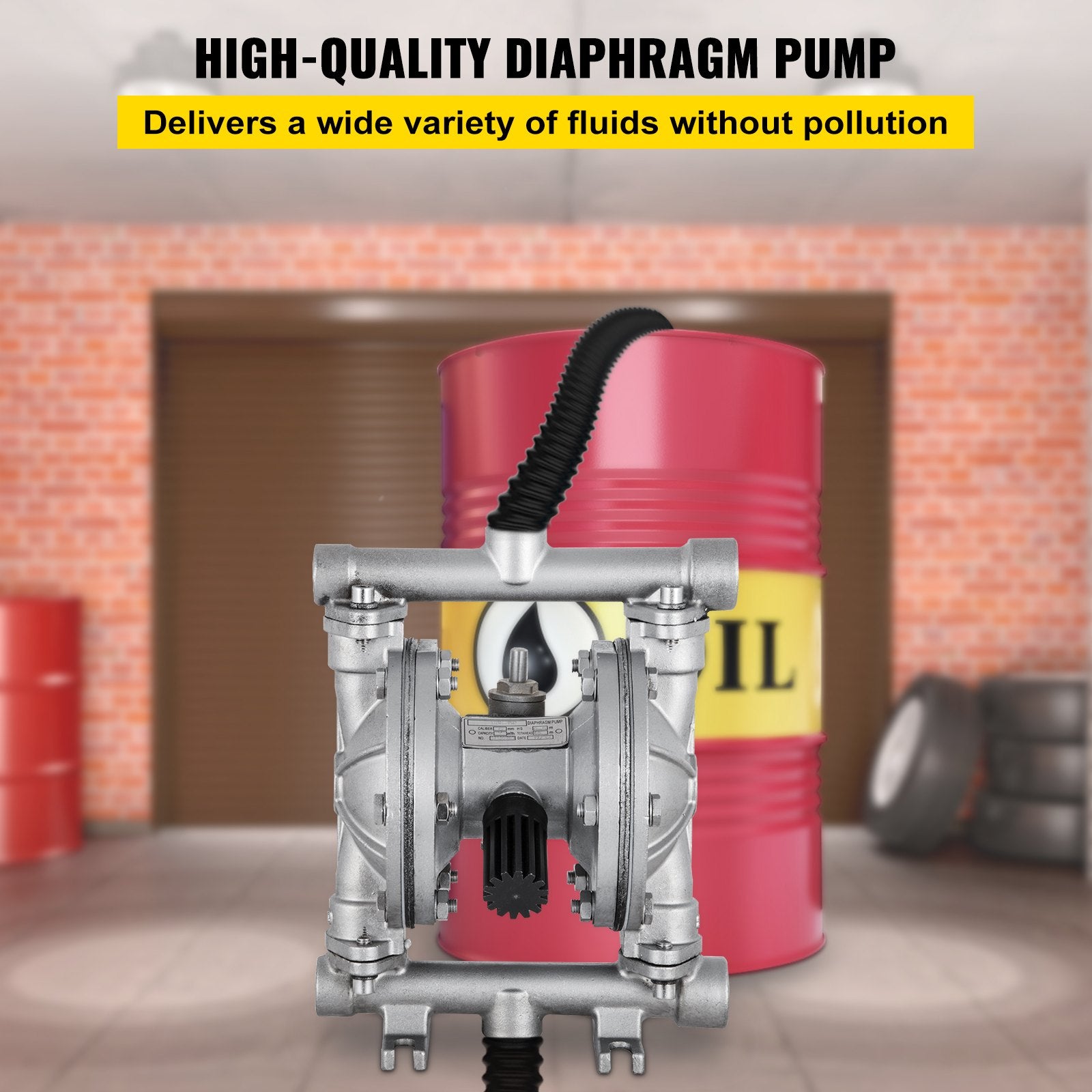 VEVOR Air-Operated Double Diaphragm Pump, Inlet & Outlet, Stainless Steel Body, 11.36 L/min, PTFE Diaphragm Pneumatic Transfer Pump for Petroleum, Diesel, Oil & Low Viscosity Fluids