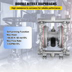VEVOR Air-Operated Double Diaphragm Pump, Inlet & Outlet, Stainless Steel Body, 11.36 L/min, PTFE Diaphragm Pneumatic Transfer Pump for Petroleum, Diesel, Oil & Low Viscosity Fluids