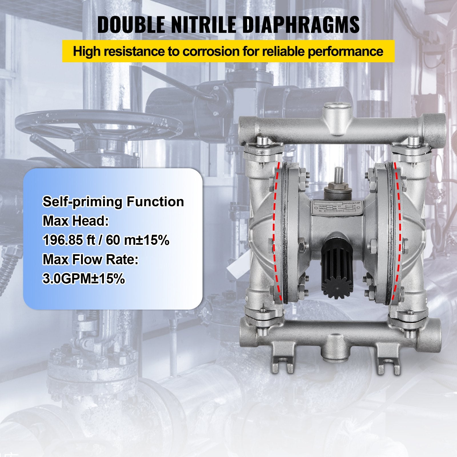 VEVOR Air-Operated Double Diaphragm Pump, Inlet & Outlet, Stainless Steel Body, 11.36 L/min, PTFE Diaphragm Pneumatic Transfer Pump for Petroleum, Diesel, Oil & Low Viscosity Fluids