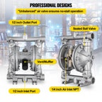 VEVOR Air-Operated Double Diaphragm Pump, Inlet & Outlet, Stainless Steel Body, 11.36 L/min, PTFE Diaphragm Pneumatic Transfer Pump for Petroleum, Diesel, Oil & Low Viscosity Fluids