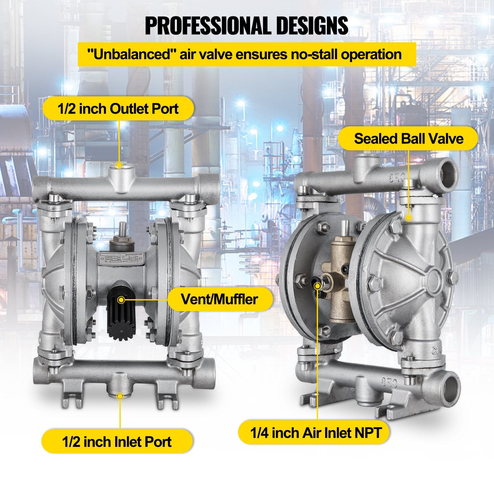 VEVOR Air-Operated Double Diaphragm Pump, Inlet & Outlet, Stainless Steel Body, 11.36 L/min, PTFE Diaphragm Pneumatic Transfer Pump for Petroleum, Diesel, Oil & Low Viscosity Fluids