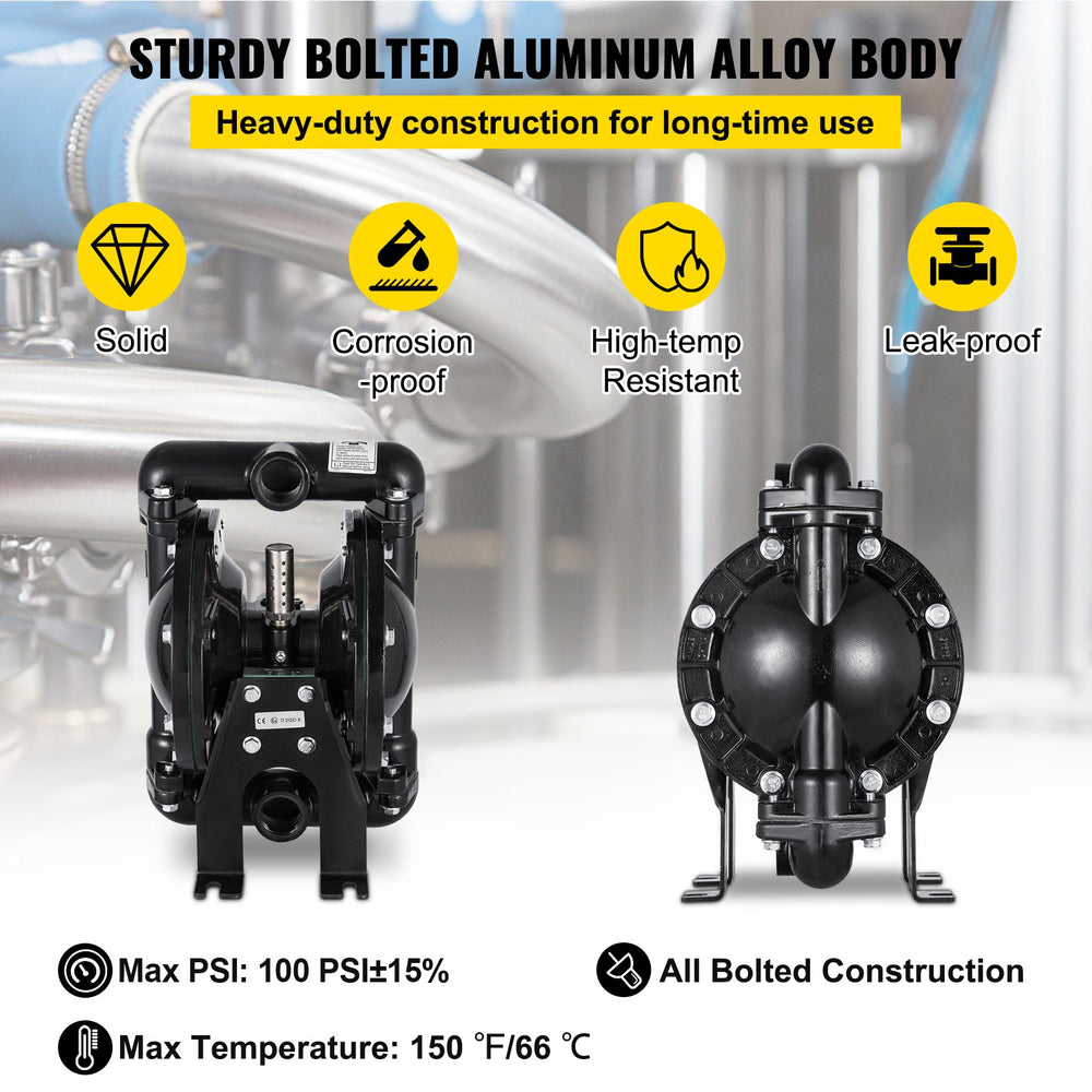 VEVOR Air-Operated Double Diaphragm Pump 25.4mm(1 inch) Inlet Outlet Aluminum 90 L/min(24 GPM) Max 8 bar(120PSI) for Industrial Use