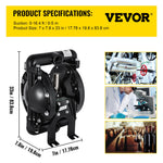VEVOR Air-Operated Double Diaphragm Pump 25.4mm(1 inch) Inlet Outlet Aluminum 90 L/min(24 GPM) Max 8 bar(120PSI) for Industrial Use