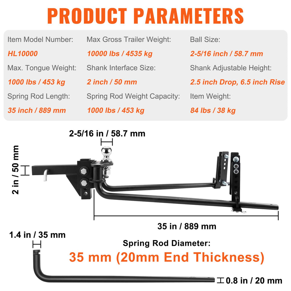 VEVOR Weight Distribution Hitch, 1,000 lbs Weight Distributing Hitches Kit with Sway Control for Trailer, 2-In Solid Steel Shank, 2-5/16 in Alloy Steel Ball, Powder Coated Load Leveling Hitch, Black