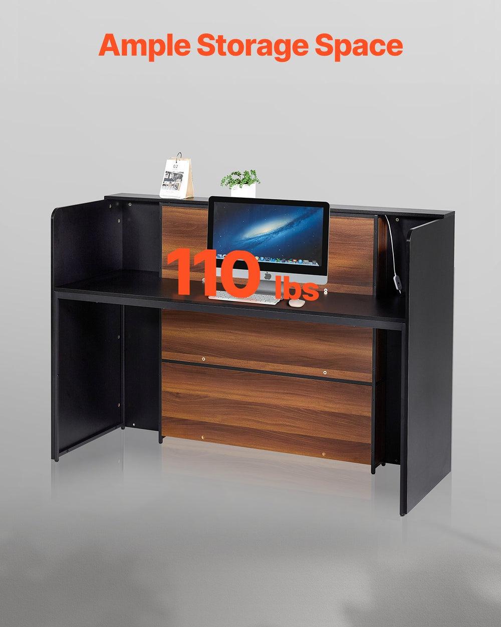 VEVOR Reception Desk, 62.99 x 23.62 x 43.70 in  Rectangular Front Counter Table, Office Reception Desk Front Retail Counter with LED Light, for Checkout, Lobby, Beauty Salon and Office, Black & Brown