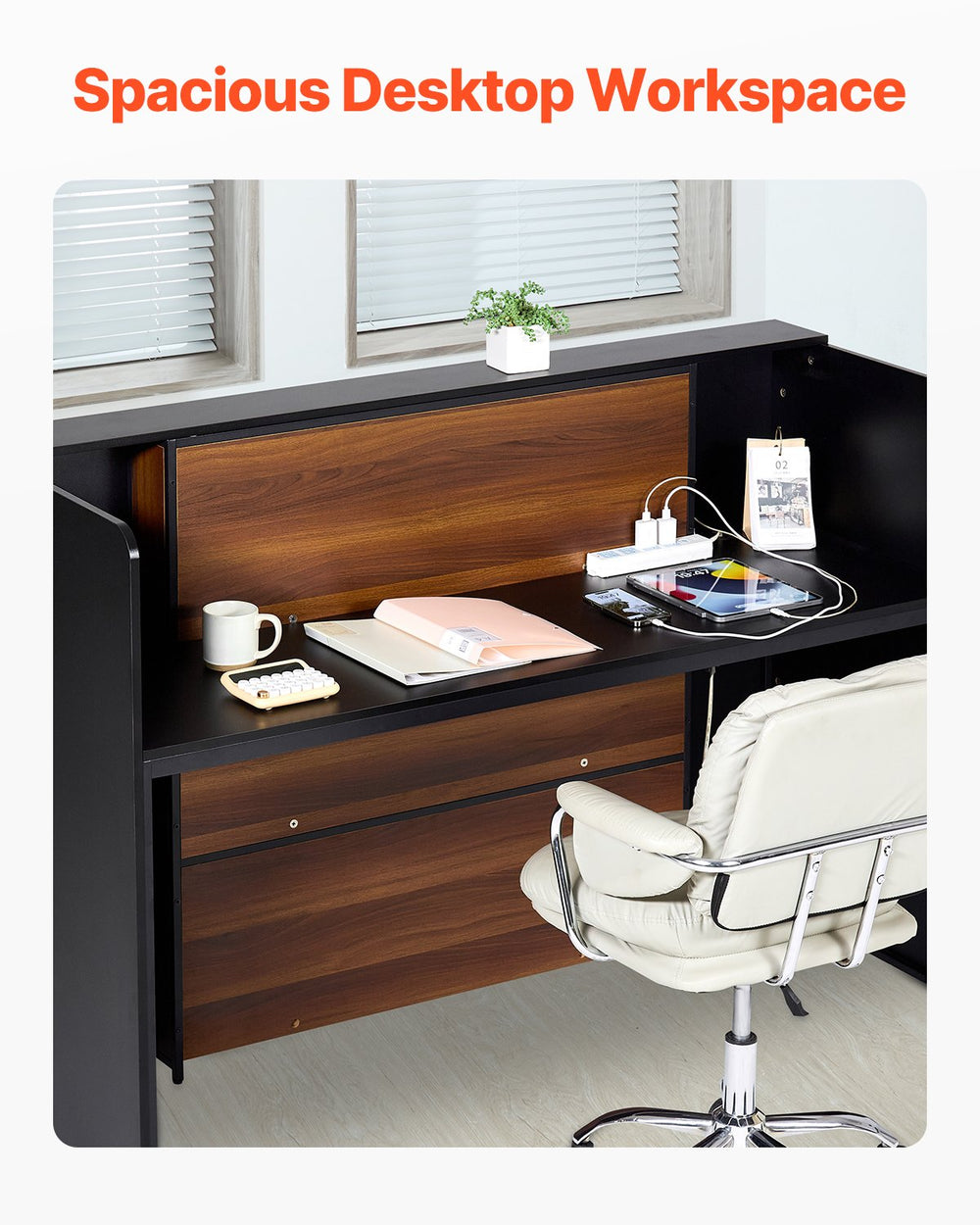 VEVOR Reception Desk, 62.99 x 23.62 x 43.70 in  Rectangular Front Counter Table, Office Reception Desk Front Retail Counter with LED Light, for Checkout, Lobby, Beauty Salon and Office, Black & Brown