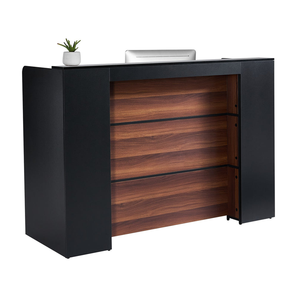 VEVOR Reception Desk, 62.99 x 23.62 x 43.70 in  Rectangular Front Counter Table, Office Reception Desk Front Retail Counter with LED Light, for Checkout, Lobby, Beauty Salon and Office, Black & Brown
