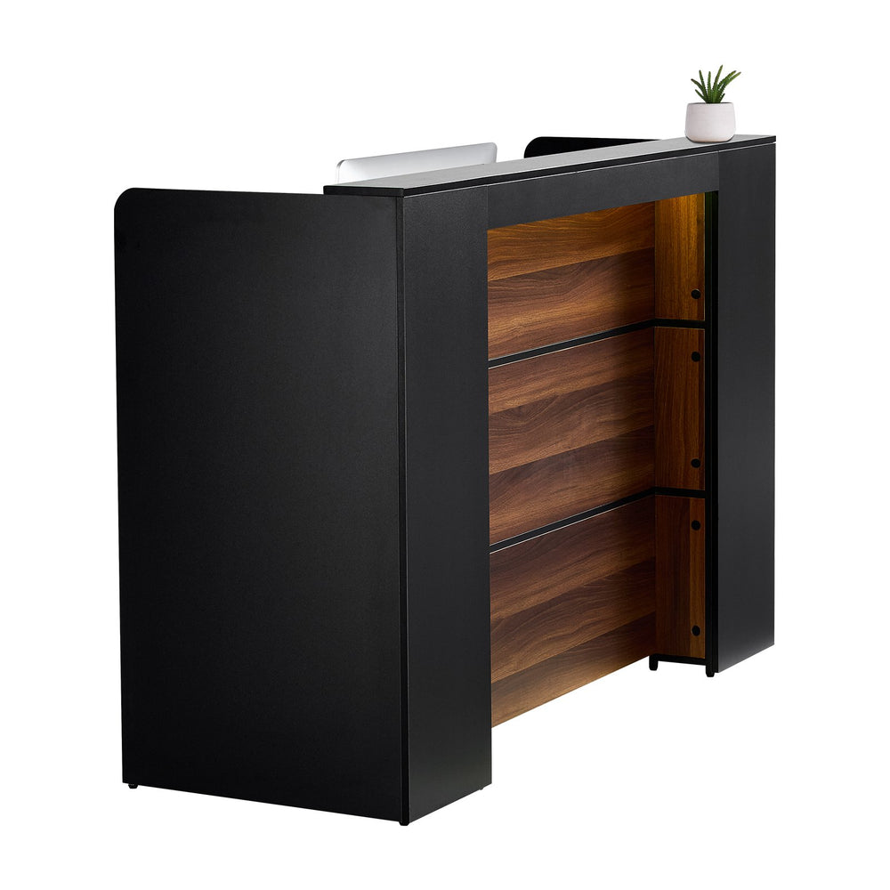 VEVOR Reception Desk, 62.99 x 23.62 x 43.70 in  Rectangular Front Counter Table, Office Reception Desk Front Retail Counter with LED Light, for Checkout, Lobby, Beauty Salon and Office, Black & Brown